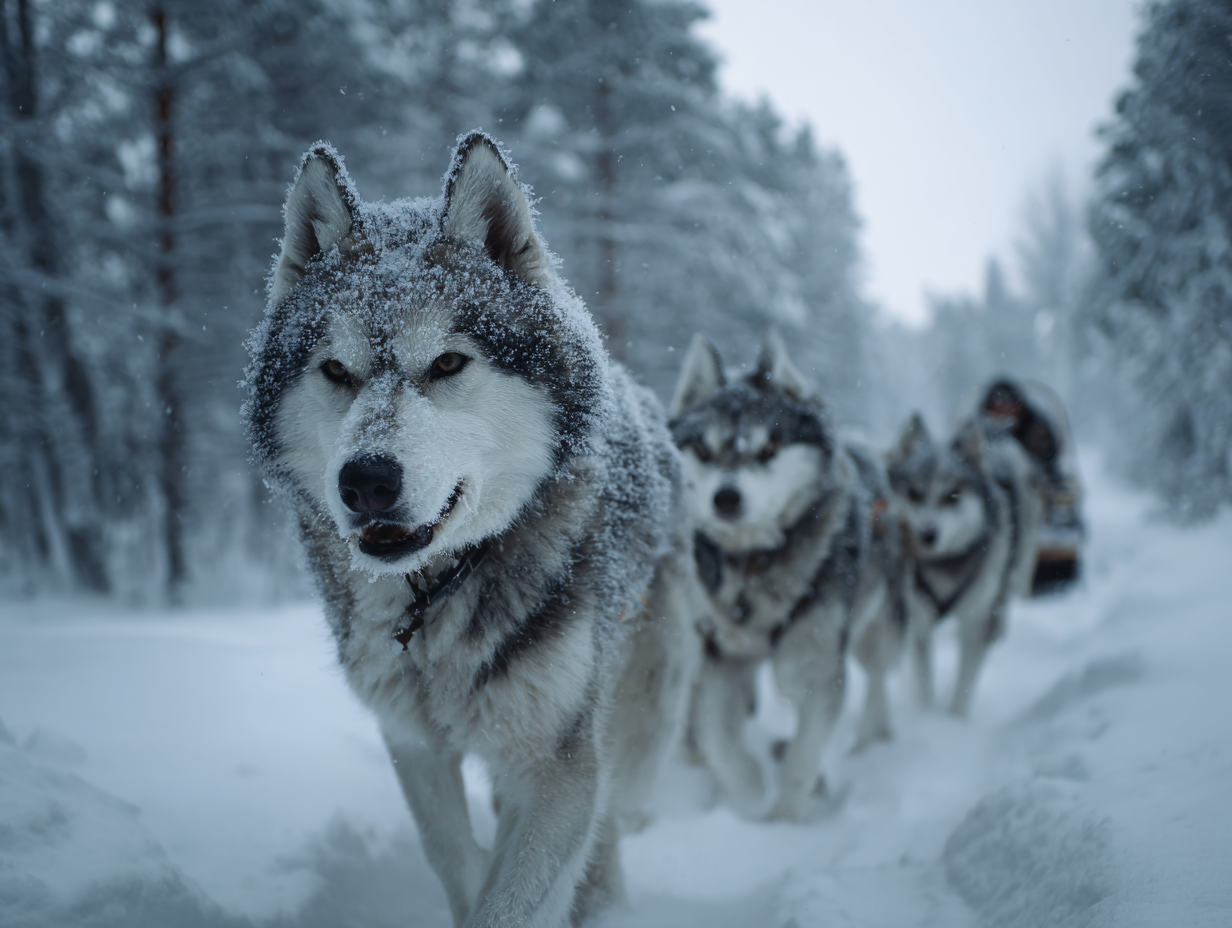 Chiens de traineau dans les forets enneigees de Laponie