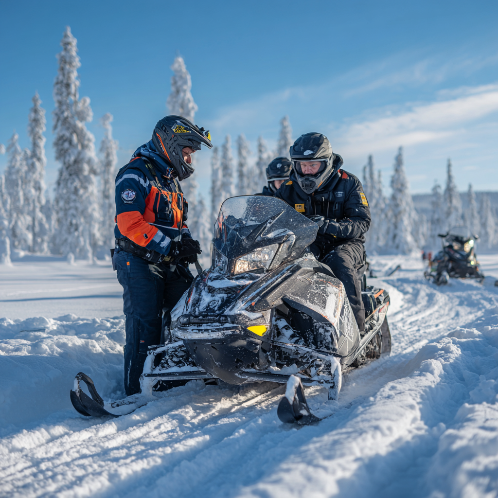 Guide accompagnant un groupe en motoneige