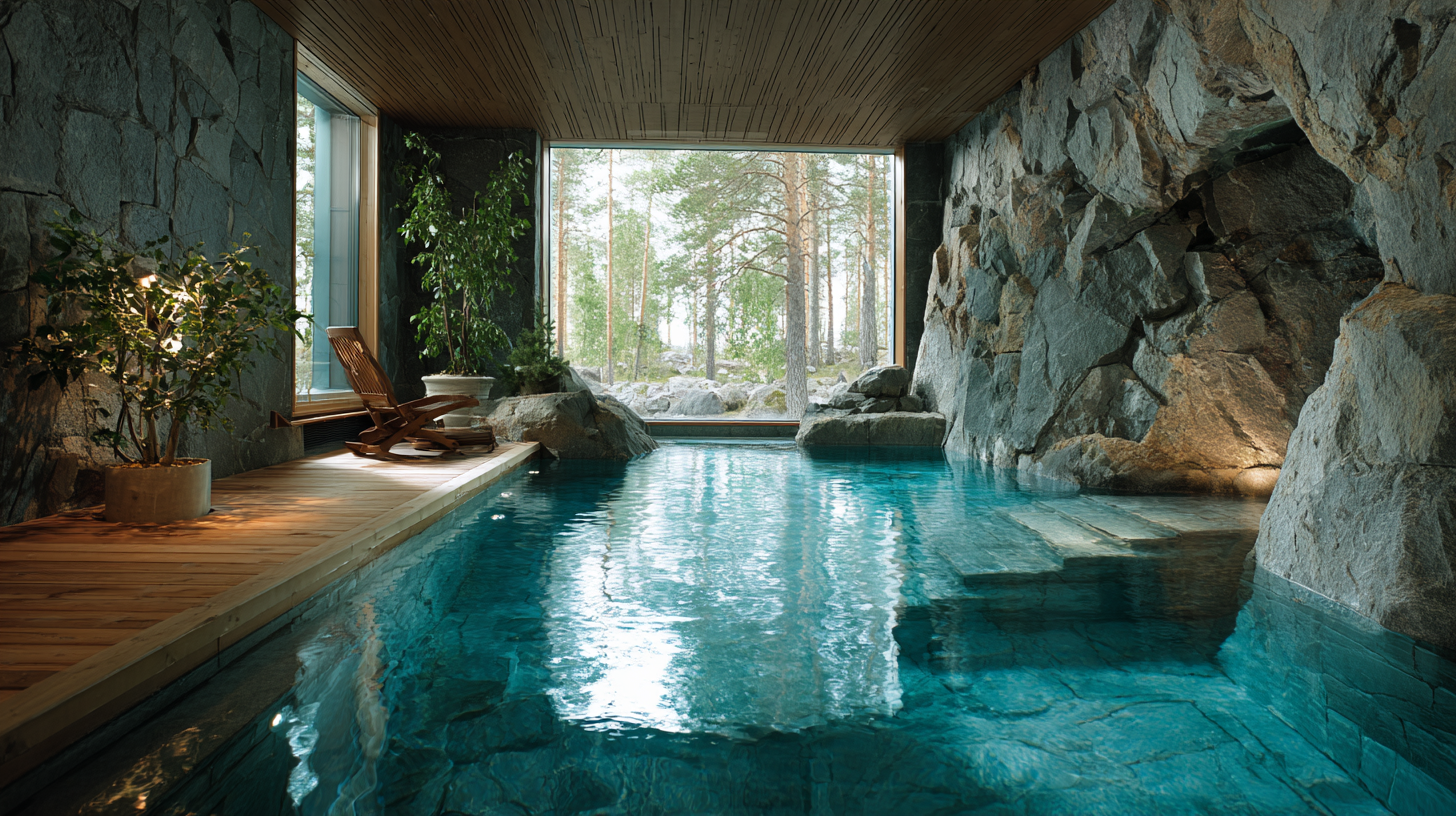 Spa finlandais avec bassin et vue sur la forêt